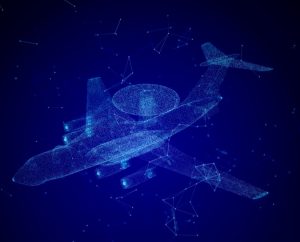 A wireframe drawing of an Airborne early warning and control (AWACS) military plane