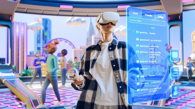 a woman wearing a head-mounted display and interacting with the metaverse