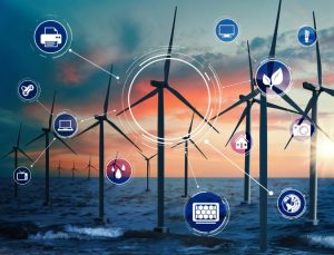 windmills at sea with pictograms showing their day-to-day applications for consumers