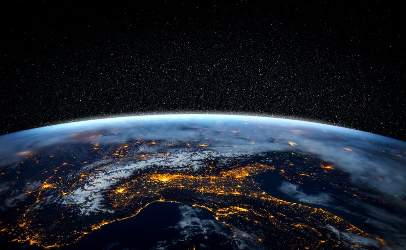 A 3D render of planet Earth at night