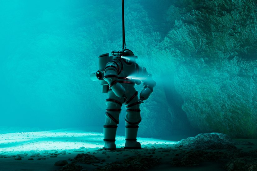 Autonomous underwater robot navigating the shadowy depths of a marine cave, surrounded by intricate rock formations and lit by built-in illumination, capturing the essence of modern exploration.