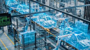 A 3D render of an AI-assisted car assembly line